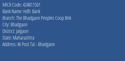 The Bhadgaon Peoples Co Op Bank Ltd Chalisgaon Road MICR Code