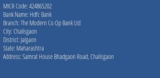 The Modern Co Op Bank Ltd Bhadgaon Road MICR Code