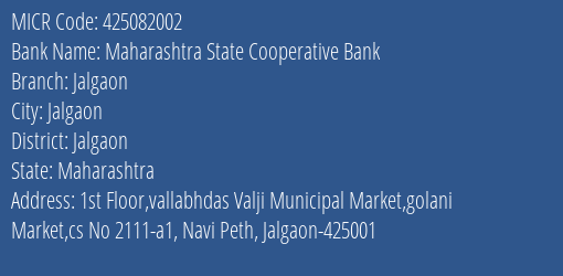 Maharashtra State Cooperative Bank Jalgaon MICR Code