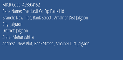 The Hasti Co Op Bank Ltd New Plot Bank Street Amalner Dist Jalgaon MICR Code