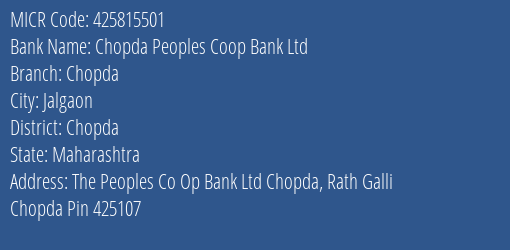 Chopda Peoples Coop Bank Ltd Chopda MICR Code