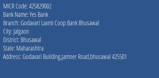 Godavari Laxmi Coop Bank Bhusawal MICR Code