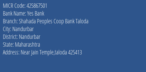 Shahada Peoples Coop Bank Taloda MICR Code