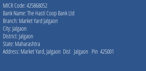 The Hasti Co Op Bank Ltd 237 Aadarsh Nagar Near Gayatri Mandir Shirpur Dist Dhule Pin 425405 MICR Code