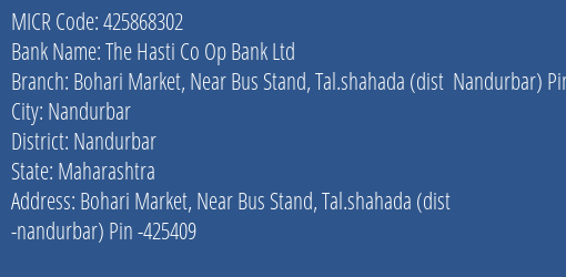 The Hasti Co Op Bank Ltd Bohari Market Near Bus Stand Tal.shahada Dist Nandurbar Pin 425409 MICR Code