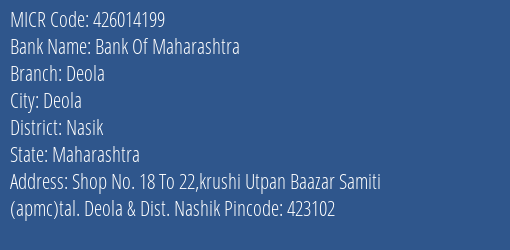 Bank Of Maharashtra Deola Branch Address Details and MICR Code 426014199