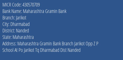 Maharashtra Gramin Bank Jarikot MICR Code