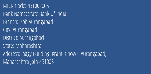 State Bank Of India Pbb Aurangabad MICR Code