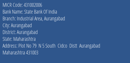 State Bank Of India Industrial Area Aurangabad MICR Code
