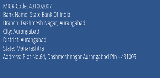 State Bank Of India Dashmesh Nagar Aurangabad MICR Code