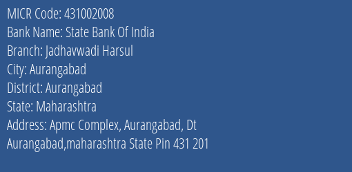 State Bank Of India Jadhavwadi Harsul MICR Code