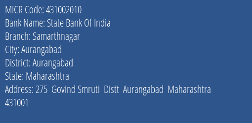 State Bank Of India Samarthnagar MICR Code