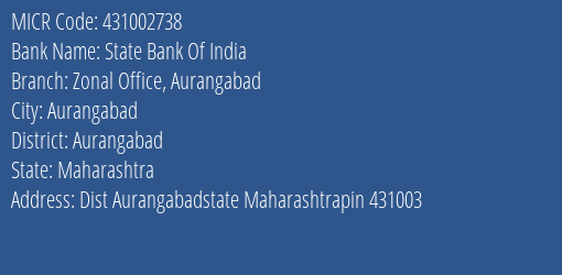 State Bank Of India Zonal Office Aurangabad MICR Code