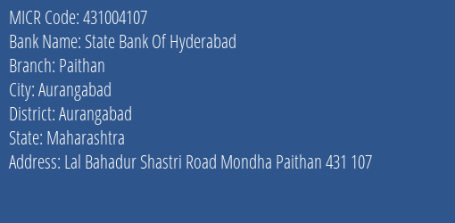 State Bank Of Hyderabad Paithan MICR Code