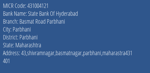 State Bank Of Hyderabad Basmat Road Parbhani Branch Address Details and MICR Code 431004121