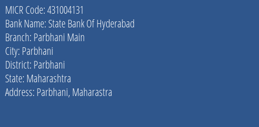 State Bank Of Hyderabad Parbhani Main Branch Address Details and MICR Code 431004131