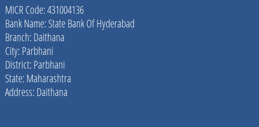State Bank Of Hyderabad Daithana Branch Address Details and MICR Code 431004136