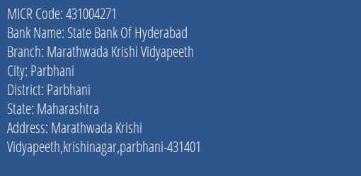State Bank Of Hyderabad Marathwada Krishi Vidyapeeth Branch Address Details and MICR Code 431004271