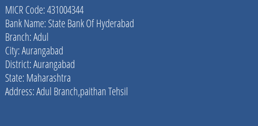 State Bank Of Hyderabad Adul MICR Code