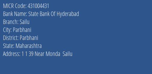 State Bank Of Hyderabad Sailu Branch Address Details and MICR Code 431004431