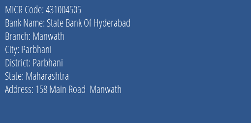 State Bank Of Hyderabad Manwath Branch Address Details and MICR Code 431004505