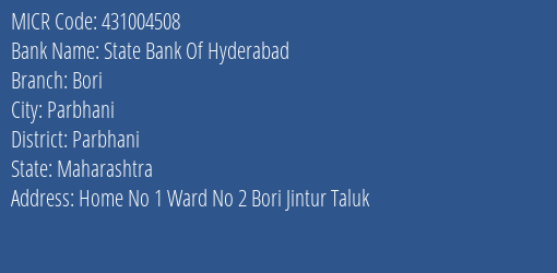 State Bank Of Hyderabad Bori Branch Address Details and MICR Code 431004508