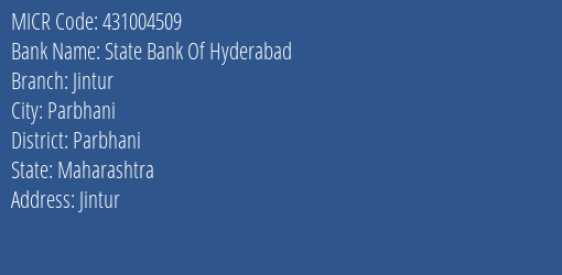 State Bank Of Hyderabad Jintur Branch Address Details and MICR Code 431004509