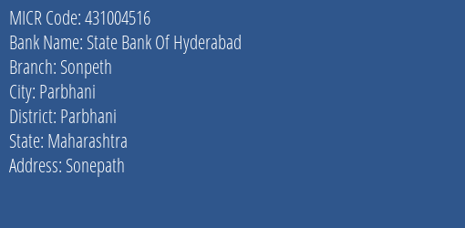 State Bank Of Hyderabad Sonpeth Branch Address Details and MICR Code 431004516