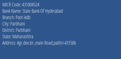 State Bank Of Hyderabad Patri Adb Branch Address Details and MICR Code 431004524