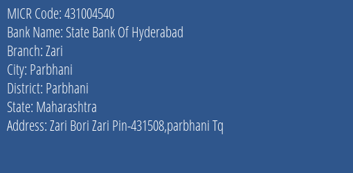 State Bank Of Hyderabad Zari Branch Address Details and MICR Code 431004540