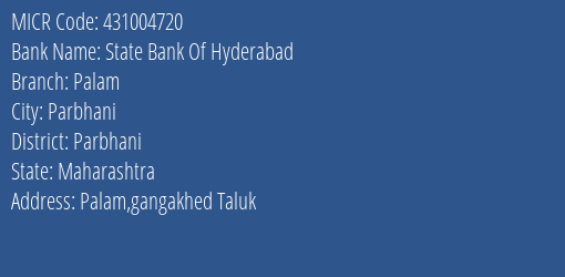State Bank Of Hyderabad Palam Branch Address Details and MICR Code 431004720