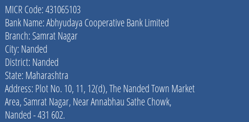 Abhyudaya Cooperative Bank Limited Samrat Nagar MICR Code
