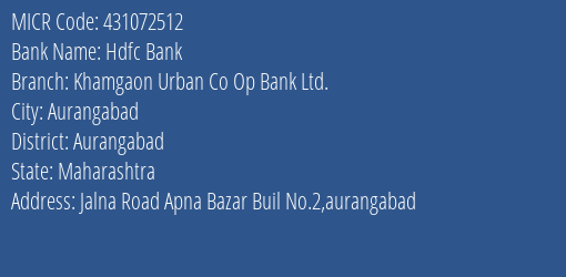Khamgaon Urban Co Op Bank Ltd Jalna Road MICR Code