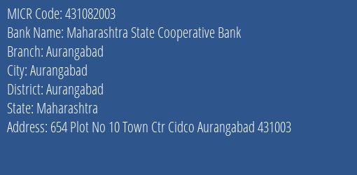 Maharashtra State Cooperative Bank Aurangabad MICR Code