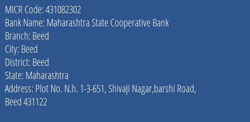 Maharashtra State Cooperative Bank Beed MICR Code