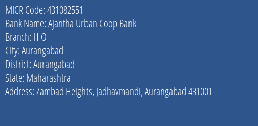 Ajantha Urban Coop Bank H O MICR Code