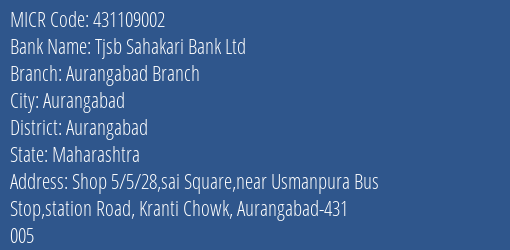 Tjsb Sahakari Bank Ltd Aurangabad Branch MICR Code