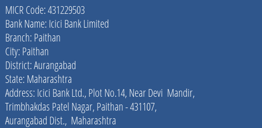 Icici Bank Paithan Branch Address Details and MICR Code 431229503