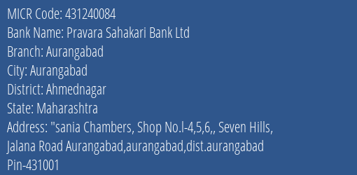 Pravara Sahakari Bank Ltd Aurangabad MICR Code