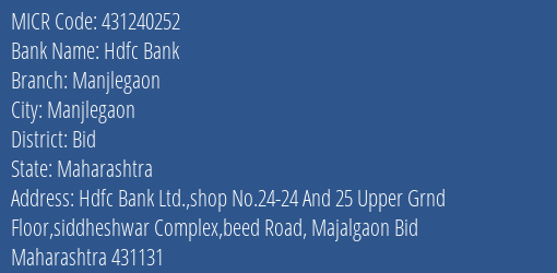 Hdfc Bank Manjlegaon Branch Address Details and MICR Code 431240252