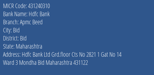 Hdfc Bank Apmc Beed Branch Address Details and MICR Code 431240310