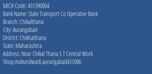State Transport Co Operative Bank Chikalthana MICR Code