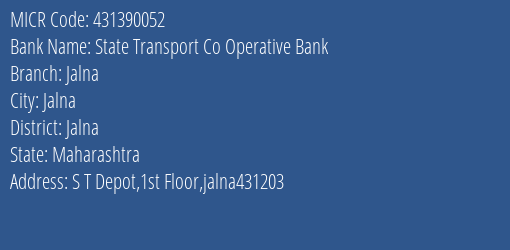State Transport Co Operative Bank Jalna MICR Code