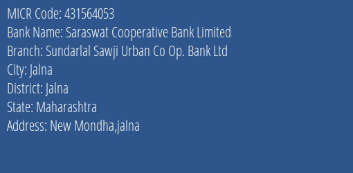Sundarlal Sawji Urban Co Op Bank Ltd Jalna MICR Code