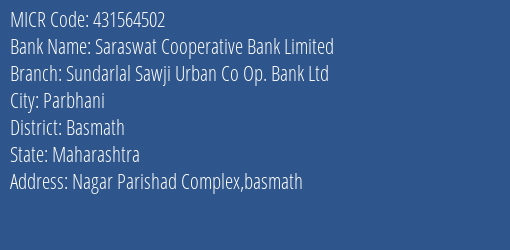 Sundarlal Sawji Urban Co Op Bank Ltd Basmath MICR Code