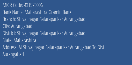 Maharashtra Gramin Bank Shivajinagar Sataraparisar Aurangabad MICR Code