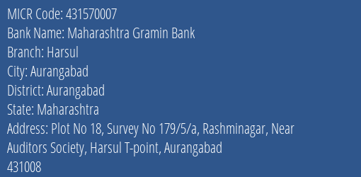 Maharashtra Gramin Bank Harsul MICR Code