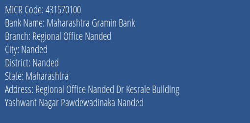 Maharashtra Gramin Bank Regional Office Nanded MICR Code