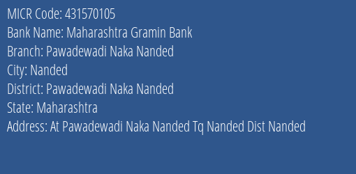 Maharashtra Gramin Bank Pawadewadi Naka Nanded MICR Code