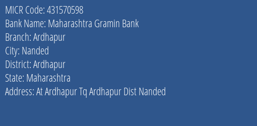 Maharashtra Gramin Bank Ardhapur MICR Code